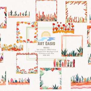 20 bordures occidentales aquarelles Clipart Bundle fleur cactus cadeau Invitation fond Transparent téléchargement numérique PNG graphiques commerciaux
