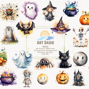 Watercolor Halloween Cute Cartoon Ghost Bat Clipart Bundle of 20 - Transparent Background Digital Download PNG Graphics - Commercial Use