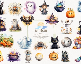 Watercolor Halloween Cute Cartoon Ghost Bat Clipart Bundle of 20 - Transparent Background Digital Download PNG Graphics - Commercial Use