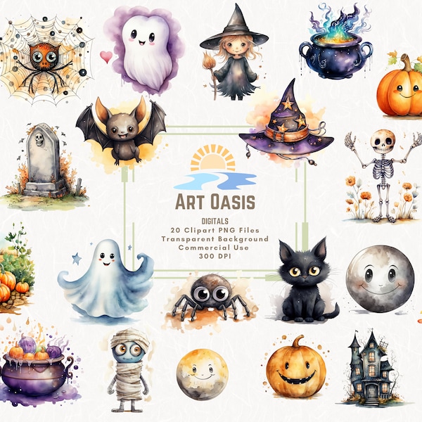 Watercolor Halloween Cute Cartoon Ghost Bat Clipart Bundle of 20 - Transparent Background Digital Download PNG Graphics - Commercial Use