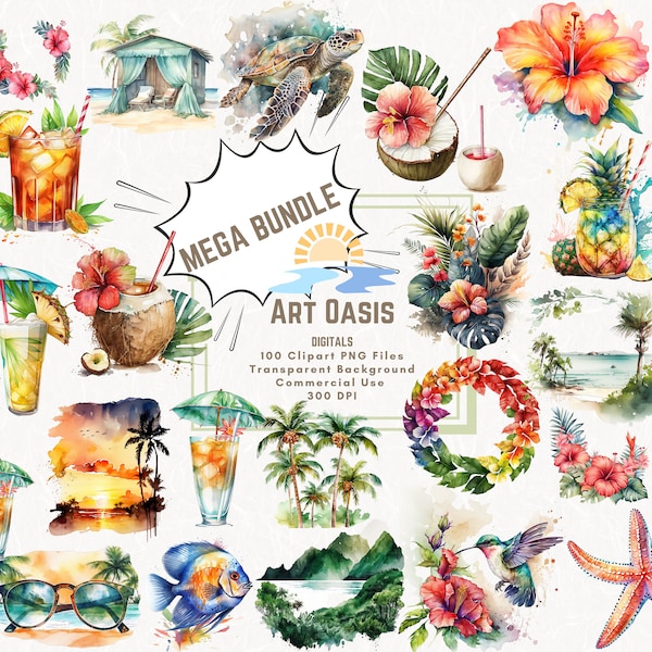 Watercolor Tropical Beach Summer Flower Clipart Mega Bundle of 100 - Transparent Background Digital Download PNG Graphics - Commercial Use