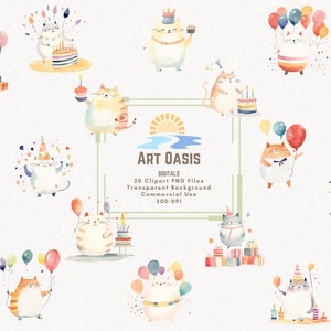 Cartoon Birthday Cats Watercolor Pastel Cake Presents Balloons Cute Clipart Bundle of 20 Transparent Background Digital Download PNG Graphic