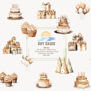 Lot de 20 aquarelles bronze, gâteau de fête d'anniversaire, ballons, brun, téléchargement numérique, graphiques PNG