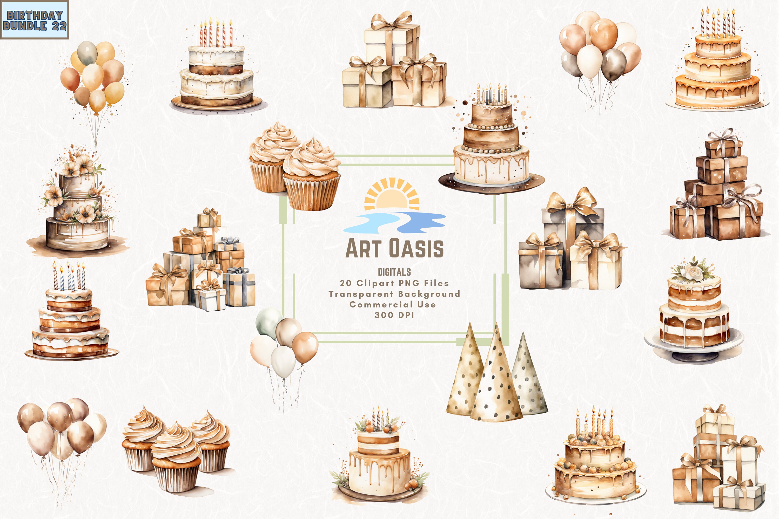 Lot de 20 aquarelles bronze, gâteau de fête d'anniversaire, ballons, brun, téléchargement numérique, graphiques PNG
