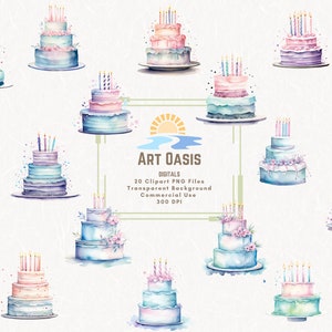 Watercolor Pastel Birthday Cakes Colorful Party Clipart Bundle of 20 - Transparent Background Digital Download PNG Graphics - Commercial Use