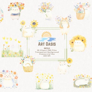 Dessin animé gros chats et fleurs aquarelle printemps Pâques tournesol Clipart lot de 20 images PNG en téléchargement numérique sur fond transparent