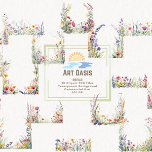 Fleurs sauvages aquarelles bordures Clipart lot de 20 - Clipart mariage, fond Transparent en téléchargement numérique PNG Graphics - usage commercial