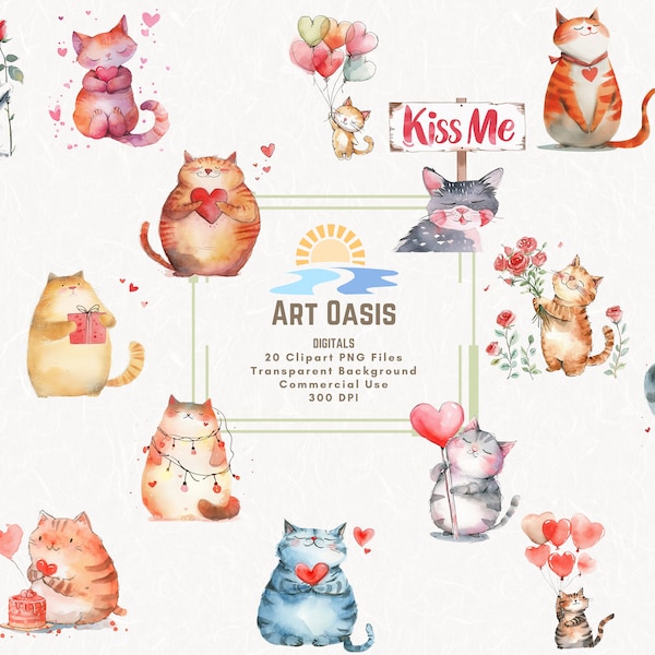 Cartoon Valentines Day Cats Watercolor Fat Cat Love Hearts Red Pink Clipart Bundle of 20 Transparent Background Digital Download PNG Graphic