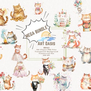 Cartoon Cats Wedding Birthday Fat Cat Clipart Mega Bundle of 100 - Transparent Background Digital Download PNG Graphics - Commercial Use