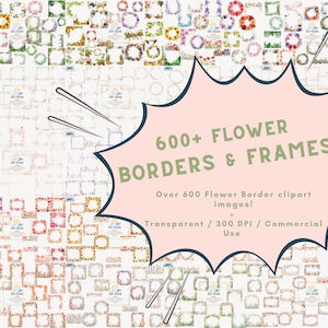 600+ Bunte Blumen PNG Bordüren, Kränze und Blumenrahmen Frühling Hochzeit Geburt Monat Blumen Aquarell Clipart Bundle Digitaler Download