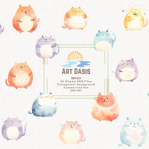 Cartoon Pastel Cats Watercolor Colorful Fat Cat Spring Kawaii Cute Clipart Bundle of 20 Transparent Background Digital Download PNG Graphic