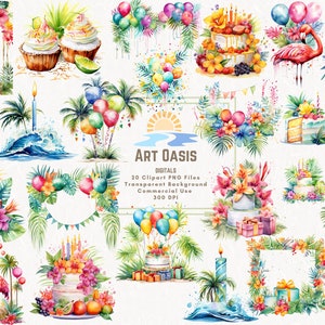 Aquarell Tropical Geburtstag Kuchen Rahmen Ballon Clipart Bundle von 20 - Transparenter Hintergrund Digital Download PNG Grafiken - Kommerzielle Nutzung