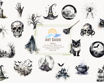 Watercolor Black and White Halloween Spooky Clipart Bundle of 20 - Transparent Background Digital Download PNG Graphics - Commercial Use