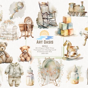 Acquerello culla culla orsacchiotto bottiglia Clipart Bundle di 20 sfondo trasparente Download digitale grafica PNG uso commerciale