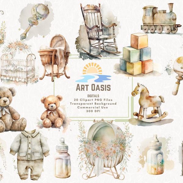 Watercolor Baby Crib Bassinet Teddy Bear Bottle Clipart Bundle of 20 Transparent Background Digital Download PNG Graphics Commercial Use