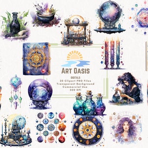 Watercolor Cosmic Witch Astrology Moon Crystal Clipart Bundle of 20 - Transparent Background Digital Download PNG Graphics - Commercial Use