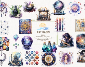 Watercolor Cosmic Witch Astrology Moon Crystal Clipart Bundle of 20 - Transparent Background Digital Download PNG Graphics - Commercial Use