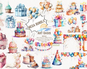 Le gâteau de fête d&#39;anniversaire aquarelle présente des cliparts méga lot de 100 - fond transparent, téléchargement numérique, graphiques PNG - usage commercial