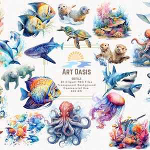 Lot de 20 cliparts aquarelle océan tropical Sea Life poisson requin Clipart - arrière-plan transparent téléchargement numérique PNG graphiques - usage commercial