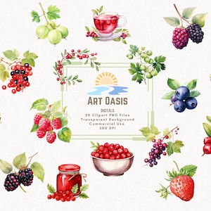 Lot de 20 cliparts aquarelle petits fruits confiture de fraises et de myrtilles - fond transparent, téléchargement numérique, graphiques PNG - usage commercial