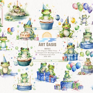 Lot de 20 cliparts aquarelle grenouille cadeau d'anniversaire cadeau ballon Clipart fond transparent téléchargement numérique graphiques PNG usage commercial