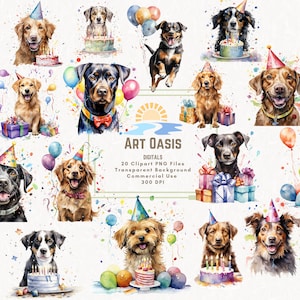 Bolo de balão de festa de aniversário de cachorro aquarela apresenta pacote de clipart com 20 fundo transparente download digital gráficos PNG uso comercial