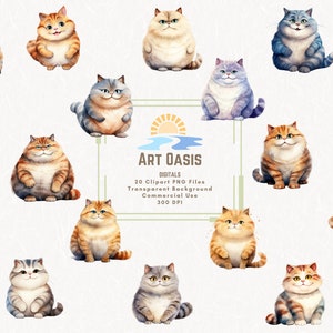 Watercolor Fat Cartoon Cat Lover Cute Clipart Bundle of 20 Transparent Background Digital Download PNG Graphics Commercial Use