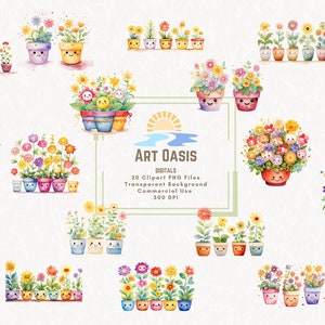 Acuarela lindo colorido dibujos animados flores floral clipart paquete de 20 - fondo transparente descarga digital gráficos PNG - uso comercial