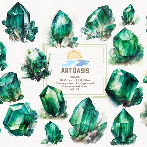 Watercolor Emerald Green Crystal May Birthstone Clipart Bundle of 20 Transparent Background - Digital Download PNG Graphics - Commercial Use