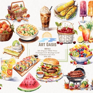 Pacchetto di clipart di acquerello estate cibo frutta bevanda cocktail di 20 - sfondo trasparente - download digitale grafica PNG - uso commerciale