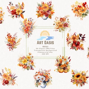 Acuarela Flores de Otoño Hojas Otoño Floral Clipart Paquete de 20 - Fondo Transparente Descarga Digital Gráficos PNG - Uso Comercial