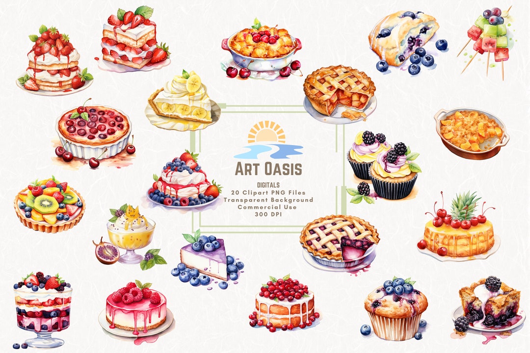 Watercolor Fruit Berry Dessert Sweets Pie Cake Clipart Bundle of 20 ...