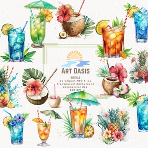 Watercolor Tropical Summer Cocktail Drinks Clipart Bundle of 20 - Transparent Background - Digital Download PNG Graphics - Commercial Use