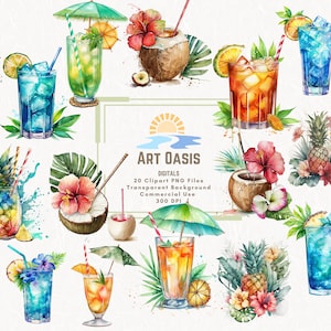 Pacchetto di clipart per cocktail estivi tropicali dell'acquerello da 20 - Sfondo trasparente - Grafica PNG per il download digitale - Uso commerciale
