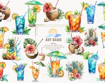 Watercolor Tropical Summer Cocktail Drinks Clipart Bundle of 20 - Transparent Background - Digital Download PNG Graphics - Commercial Use