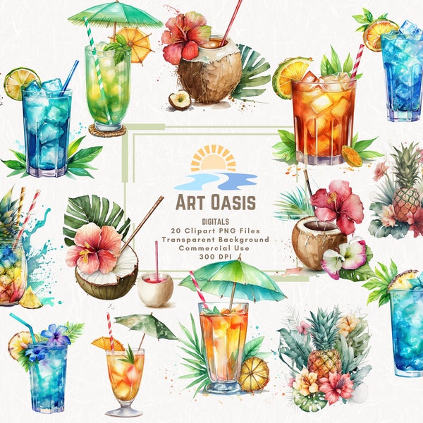 Aquarelle Tropical été Cocktail boissons Clipart Bundle de 20 - fond Transparent - téléchargement numérique PNG graphiques - usage Commercial