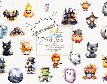 Watercolor Colorful Cute Halloween Ghost Birthday Clipart Bundle of 100 Transparent Background Digital Download PNG Graphics Commercial Use