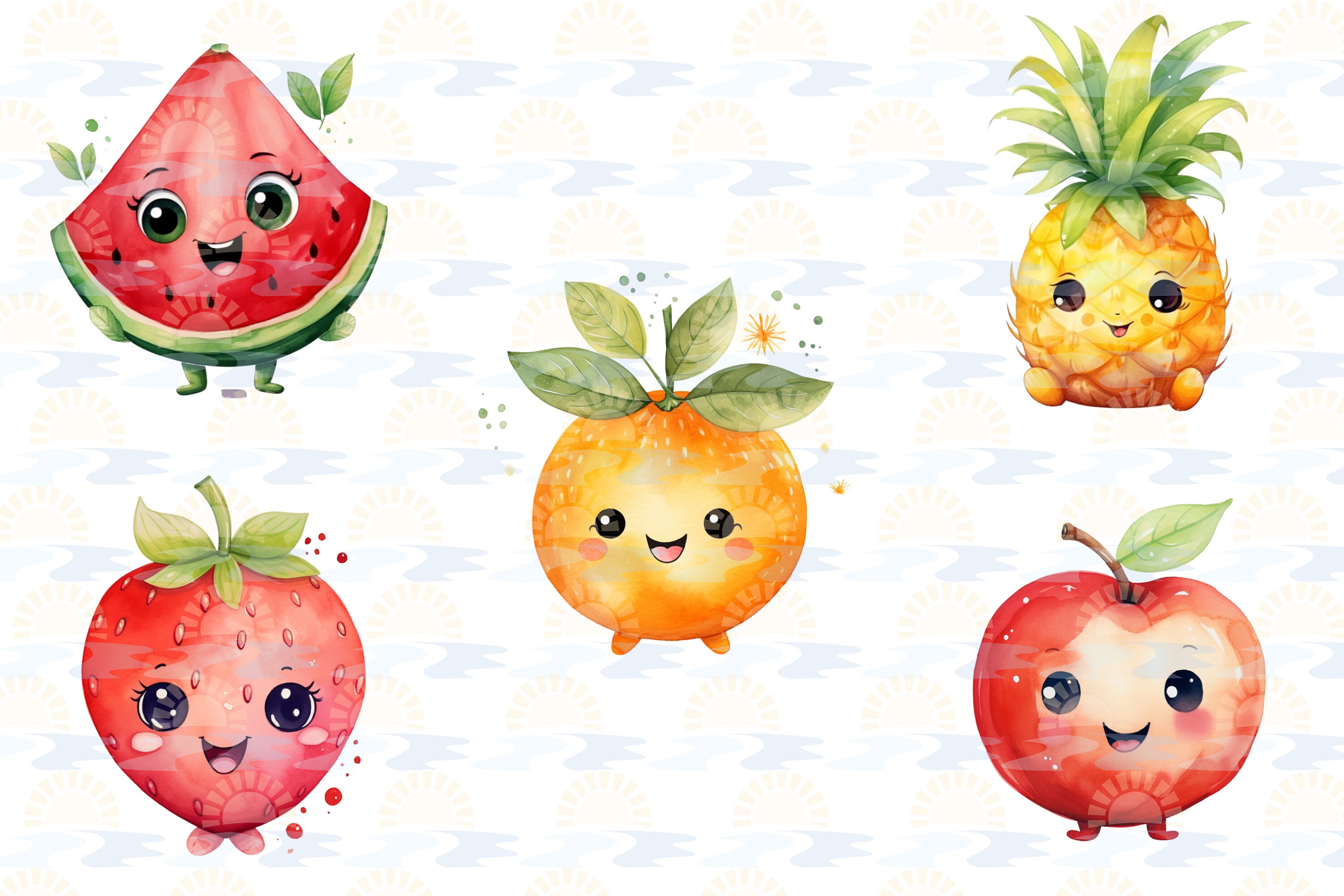 Watercolor Cute Fruit Berries Cartoon Happy Clipart Bundle of 20 ...