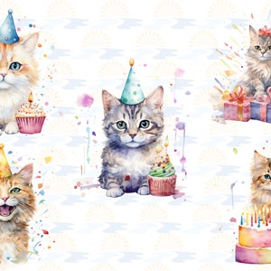 Watercolor Cat Birthday Party Balloon Cake Presents Clipart Bundle of 20 Transparent Background Digital Download PNG Graphics Commercial Use image 5