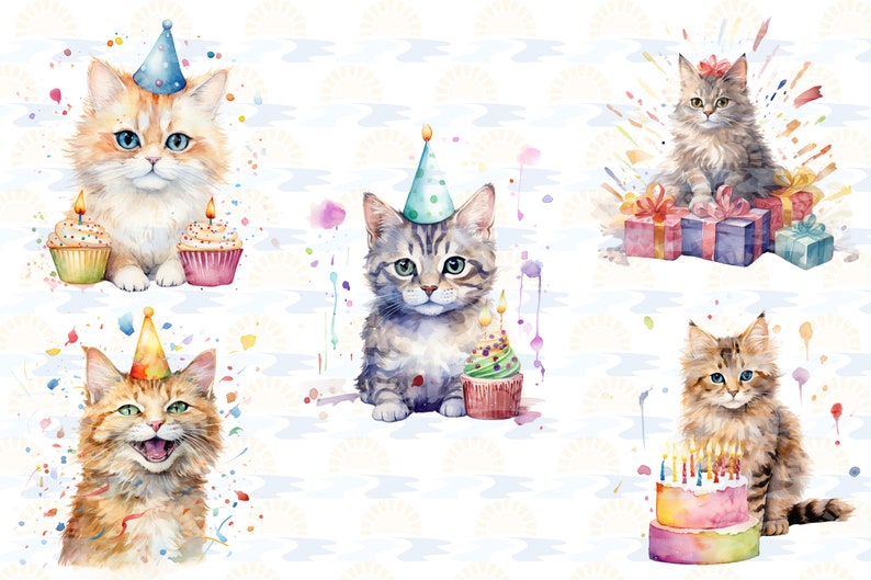 Watercolor Cat Birthday Party Balloon Cake Presents Clipart Bundle of 20 Transparent Background Digital Download PNG Graphics Commercial Use image 5