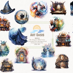 Watercolor Wizard Magic Spellbook Crystal Ball Clipart Bundle of 20 - Transparent Background Digital Download PNG Graphics - Commercial Use