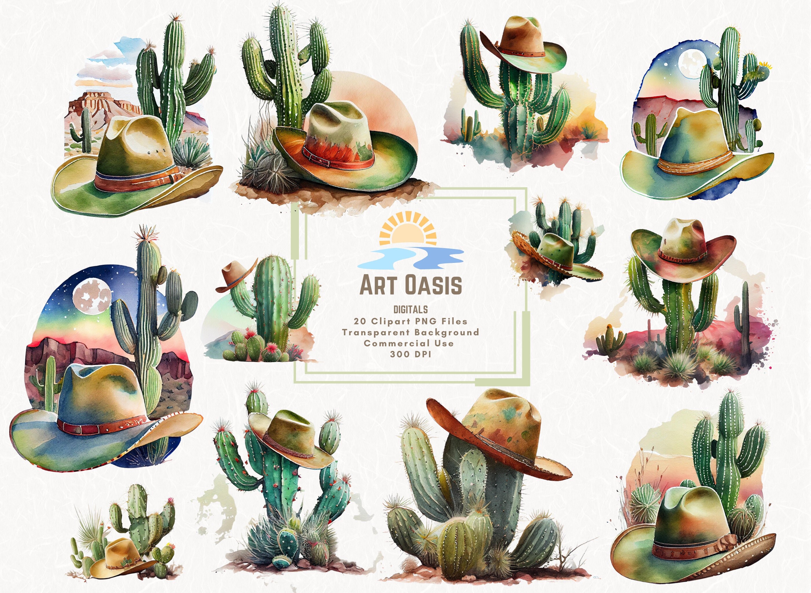 Watercolor Cactus Cowboy Hat Clipart Bundle of 20 - Etsy