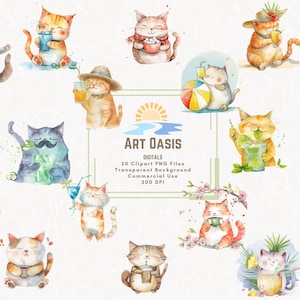 Cartoon Cats with Cocktails Watercolor Fat Cat Drink Clipart Bundle of 20 Transparent Background Digital Download PNG Graphics Commercial