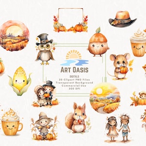 Acuarela Otoño Acción de Gracias Lindo Dibujos Animados Animal Clipart Paquete de 20 Fondo Transparente Descarga Digital Gráficos PNG - Uso Comercial