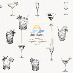 Pacchetto di clipart di schizzi di cocktail in bianco e nero di 20 - Illustrazioni del menu di nozze di drink esclusivi - Download digitale PNG - Uso commerciale