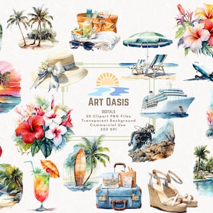 Watercolor Summer Vacation Travel Topical Beach Clipart Bundle of 20 Transparent Background Digital Download PNG Graphics - Commercial Use