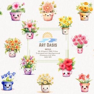 May include: A set of 20 digital clipart images of watercolor flowers in pots with cute faces. The flowers are in various colors and styles, including daisies, lilies, tulips, and hibiscus. The images are perfect for adding a touch of whimsy to your designs.