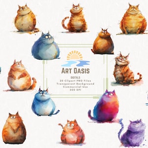 Acuarela grasa dibujos animados gato amante lindo abstracto clipart paquete de 20 fondo transparente descarga digital PNG gráficos uso comercial
