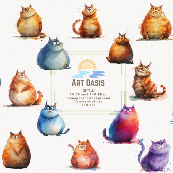 Watercolor Fat Cartoon Cat Lover Cute Abstract Clipart Bundle of 20 Transparent Background Digital Download PNG Graphics Commercial Use