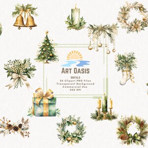 Acquerello Natale verde oro corona calza albero Clipart Bundle di 20 sfondo trasparente Download digitale PNG grafica commerciale